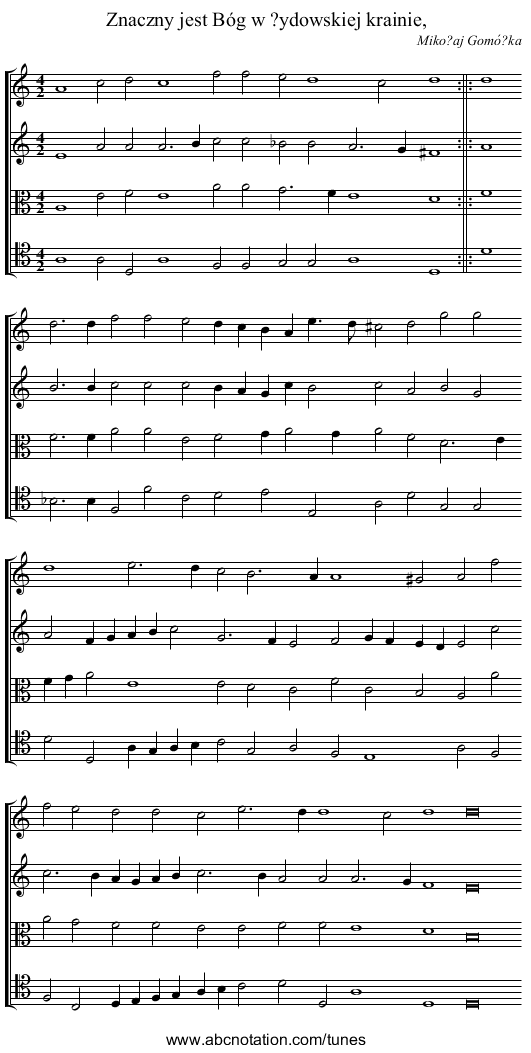Znaczny jest Bóg w ?ydowskiej krainie, - staff notation