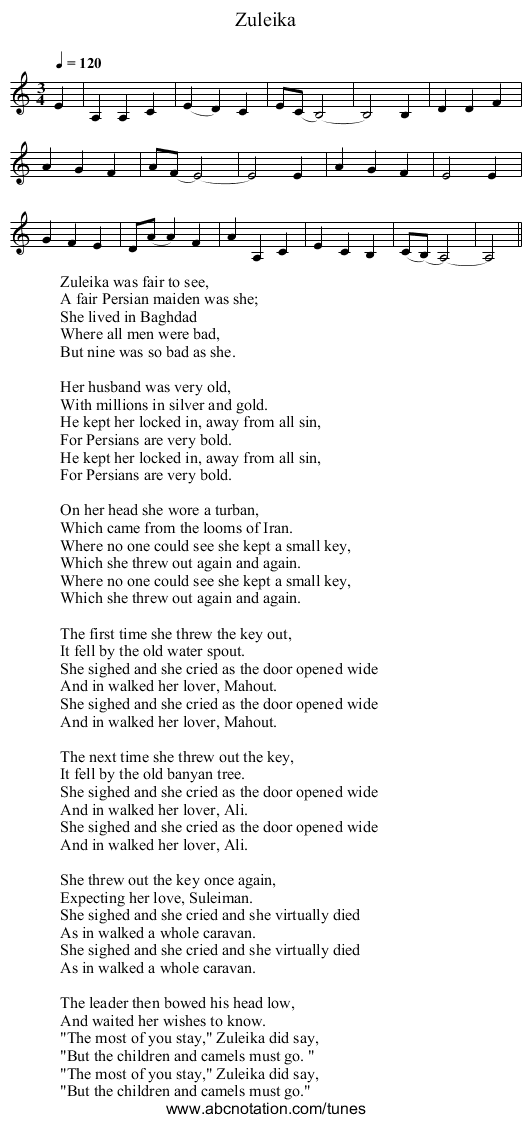 Zuleika - staff notation