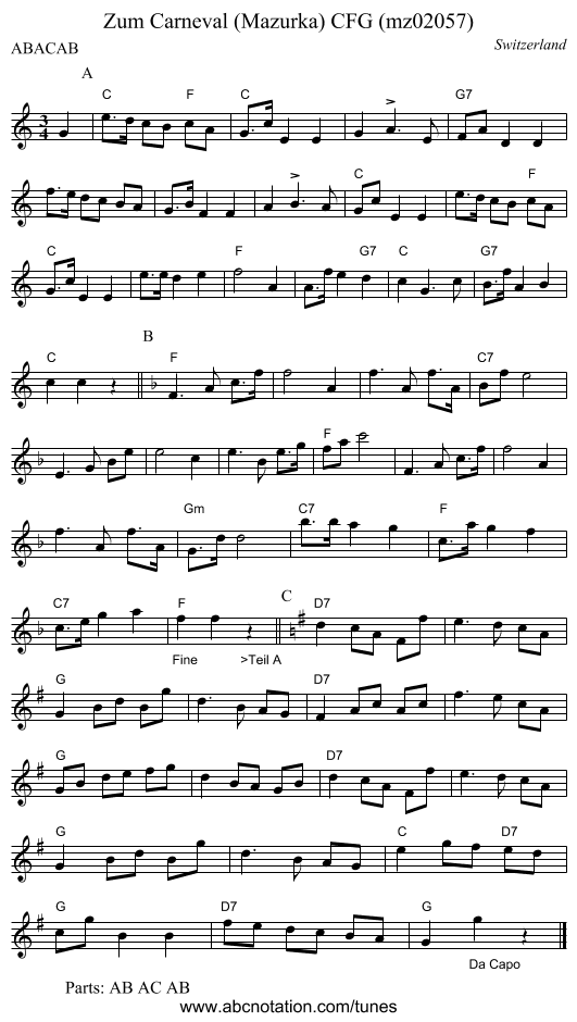Zum Carneval (Mazurka) CFG (mz02057) - staff notation