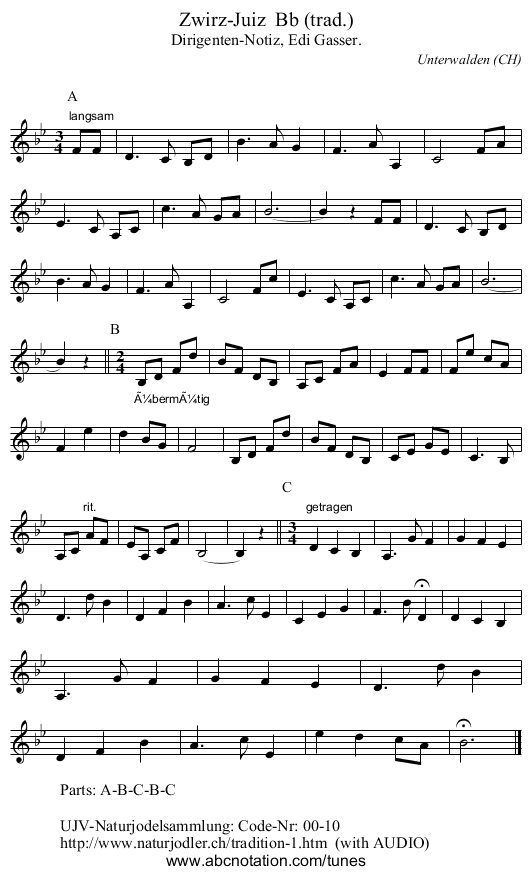 Zwirz-Juiz  Bb (trad.) - staff notation