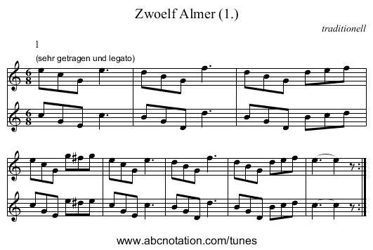 Zwoelf Almer (1.) - staff notation