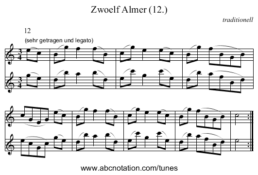 Zwoelf Almer (12.) - staff notation