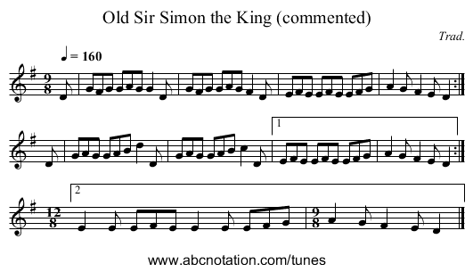 staff notation for Old Sir Simon the King (commented) example